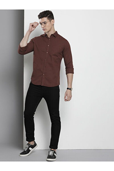 The Indian Garage Co By Styli Men Brown Solid Spread Collar Shirt - Classic Style