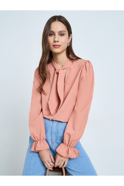 Take Two By Styli Women Nude Tie Up Neck Long Sleeve Top