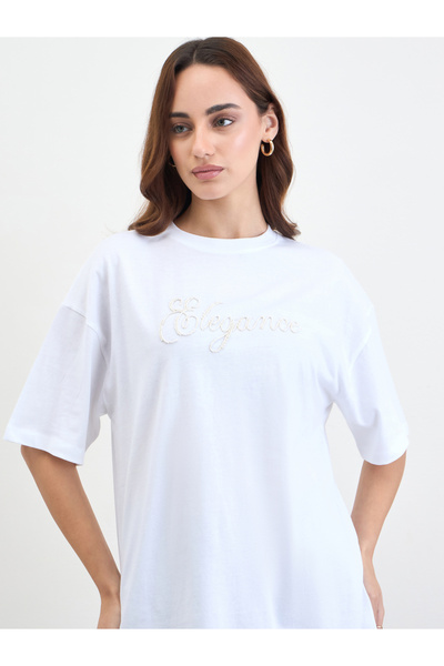 Styli White Beaded Slogan Oversized T-Shirt