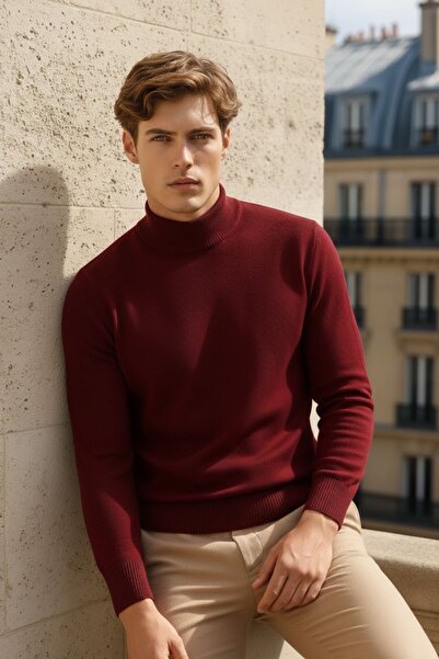 COMBİNE MİCHAİL Men's Casual Daily Trend Basic Burgundy Sweater