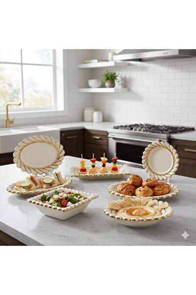 Hinora Gold Rotating Line Detail White Ceramic Serving Plate Set 5 Pieces