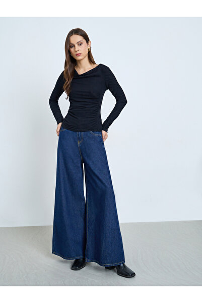 Take Two By Styli Black Draped Neck Ribbed Top