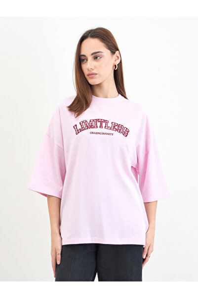 Styli Pink Oversized Slogan Print T-Shirt