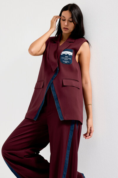 it's basic Women's Burgundy Color Denim Patchwork Long Length Special Design Lined Vest