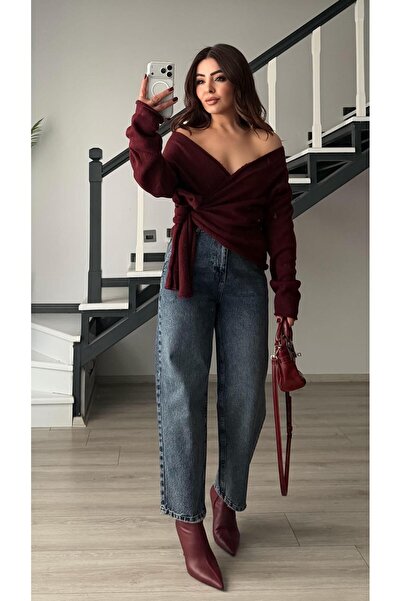 Oslove Burgundy Double-Breasted tie-up sweater