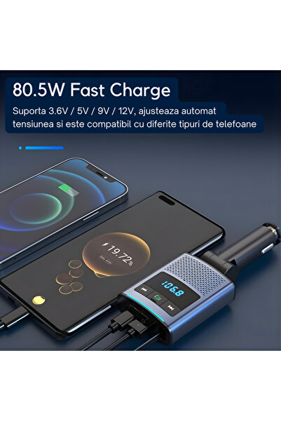 SGTT Modulator FM cu Bluetooth, port USB-A și USB-C pentru încărcare rapidă, muzică și apeluri hands-free