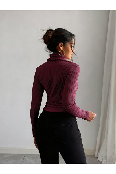 Take Two By Styli Women Burgundy Ribbed Turtleneck Top