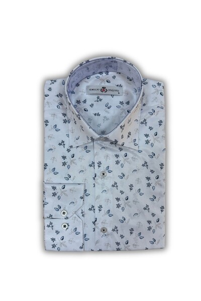 MDZ COLLECTION Beyaz Mavi Çiçek Desenli Uzun Kollu Erkek Gömlek