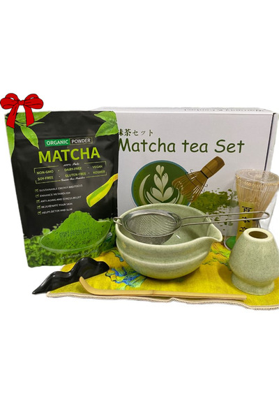 The Matcha Corner Matcha tea set + 100g matcha gift bag with bowl, strainer, spoon, bamboo whisk, and holder