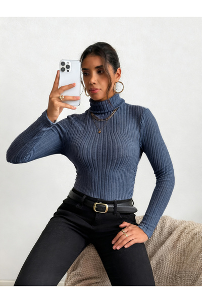 Take Two By Styli Women Navy Blue Ribbed Turtleneck Top