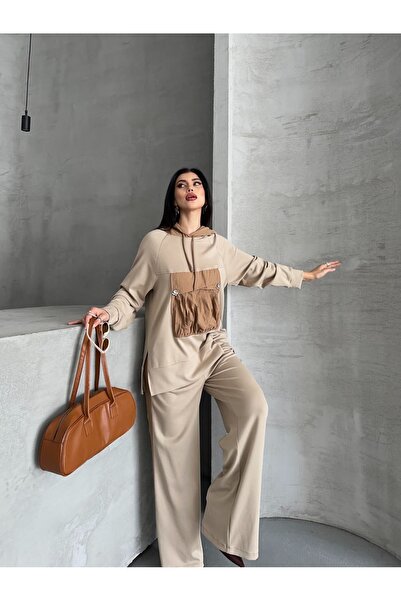 Moda İkra Σετ με κουκούλα και κορυφαίο μπλουζάκι με λεπτομέρεια στον κάτω όψη για γυναίκες