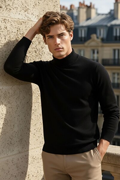 COMBİNE MİCHAİL Men's Casual Daily Trend Basic Black Sweater