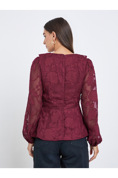 Styli Maroon Ruffle Detail Long Sleeves Blouse