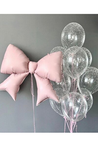 Çemrek Süs Parti Powder Bow Balloon and Transparent Balloon Bundle 11 Pieces