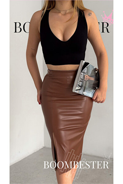 BoomBester Women's High Waist Leather Pencil Skirt - Elastic Waist Slit (Cotton Interlining Coated Inside)