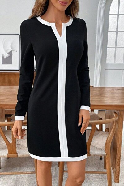 Mossta Uzun Kollu V Yaka Şeritli Mini Modal Elbise- Siyah