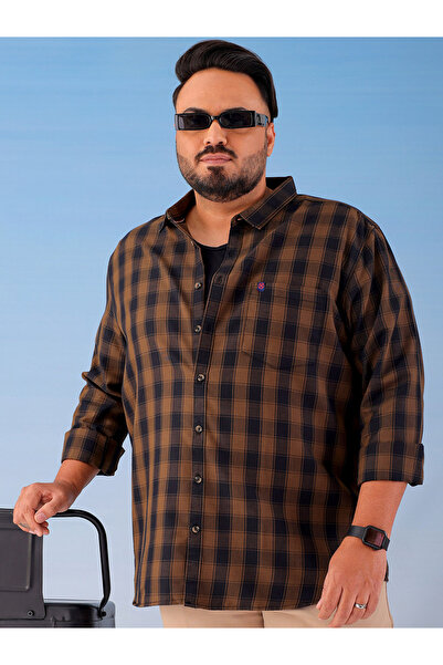 HardSoda By Styli Plus Size Brown Checked Cotton Blend Shirt