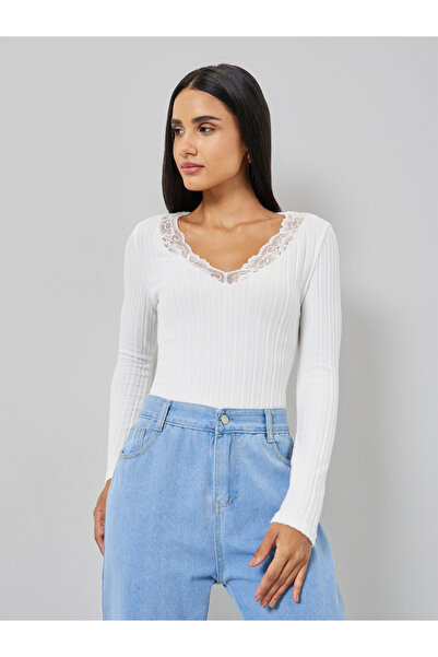 Take Two By Styli White Ribbed Top with Lace Trim
