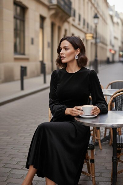 Mossta Απλό κομψό μαύρο βελούδινο φόρεμα