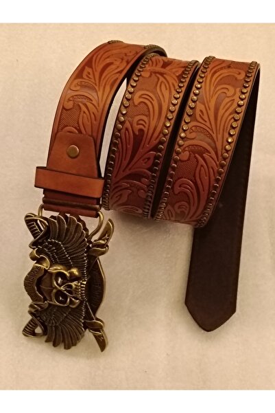 Butik Tülin حزام من الجلد الصناعي الأصلي للجنسين باللون البني مطبوع مزين ببرو...