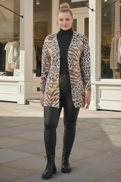 Chiccy Italian Plus Size Italian V-Neck Long Sleeve Leopard Print Non-Buttoned Casual Knitwear Cardigan with Pockets 80 65