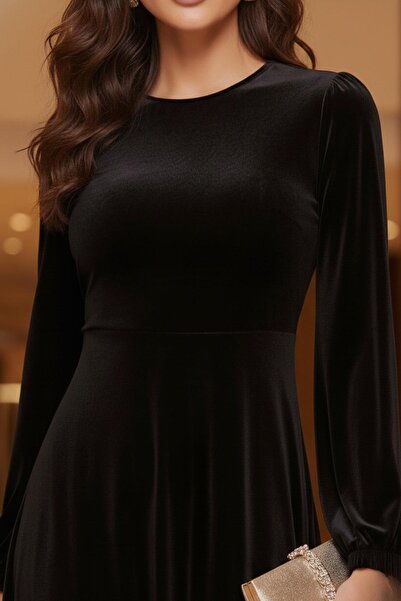 Mossta Μακρυμάνικο μαύρο βελούδινο βραδινό φόρεμα μίντι