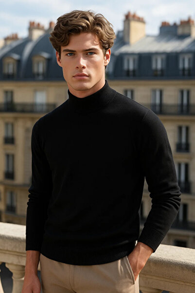 COMBİNE MİCHAİL Men's Casual Daily Trend Basic Black Sweater