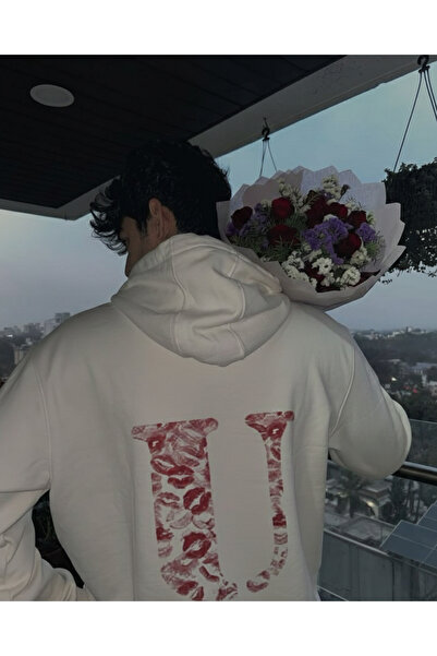 Touz Moda Kiss Design Lettered Oversized Hooded Sweatshirt Hoodie