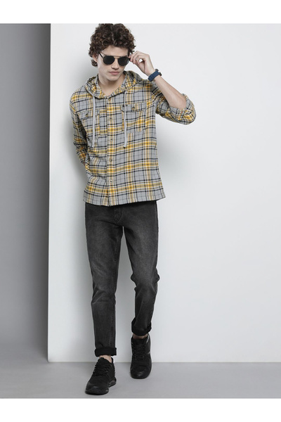 The Indian Garage Co By Styli Men Grey Checked Hooded Shirt
