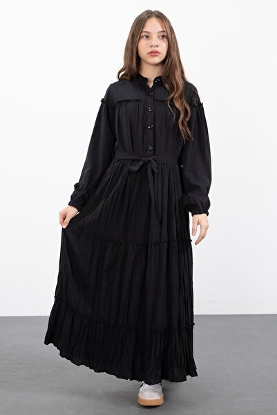 Cansın Mini Rochie lungă pentru fetiță, neagră, cu mâneci adunate și curea 23398