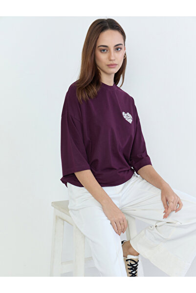 Styli Burgundy Oversized Embroidered Slogan T-Shirt