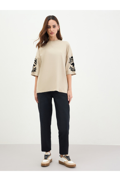Styli Beige Embroidered Oversized T-Shirt