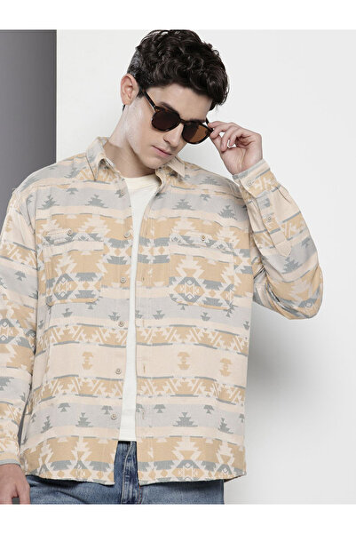 The Indian Garage Co By Styli Men Beige Patterned Textured Casual Shirt