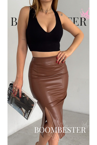 BoomBester Women's High Waist Leather Pencil Skirt - Elastic Waist Slit (Cotton Interlining Coated Inside)