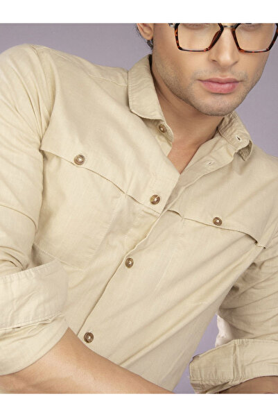 The Indian Garage Co By Styli The Indian Garage Co Slim Fit Beige Solid Shirt