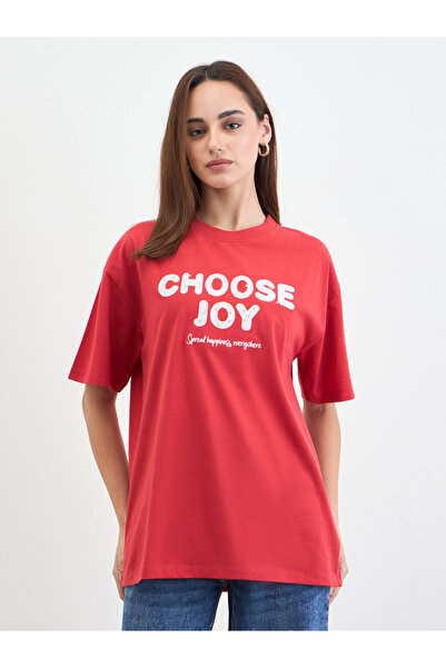 Styli Red Slogan Print Embellished Oversized T-Shirt