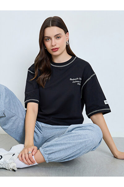 Styli Black Embroidered Oversized T-Shirt with Contrast Stitching