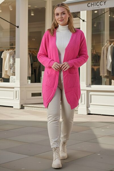 Chiccy Large Size Fuchsia Long Sleeve Patterned Casual Soft Oversized Knitwear Cardigan 90 77