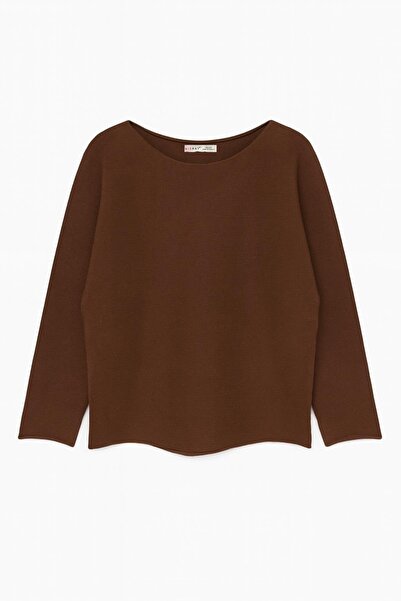 Mixray 7008 Women's Basic Boat Neck Soft Textured Sweater Brown