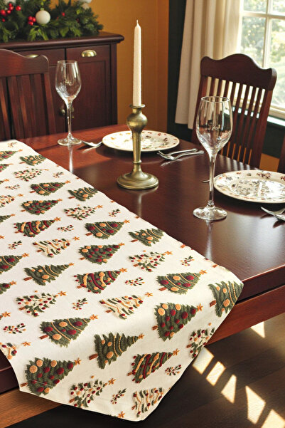 DECOROMA Runner cu model de brad de Crăciun alb cu tematică de Anul Nou - Cusut manual