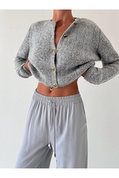 Ecenin Favorileri Gray Towel Textured Thick Women's Cardigan