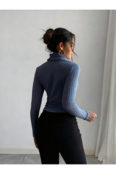 Take Two By Styli Women Navy Blue Ribbed Turtleneck Top