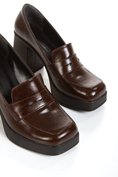 MFT AYAKKABI Women's Brown Matte Patent Leather Loafer Blunt Toe Lightweight and High Heel Shoes