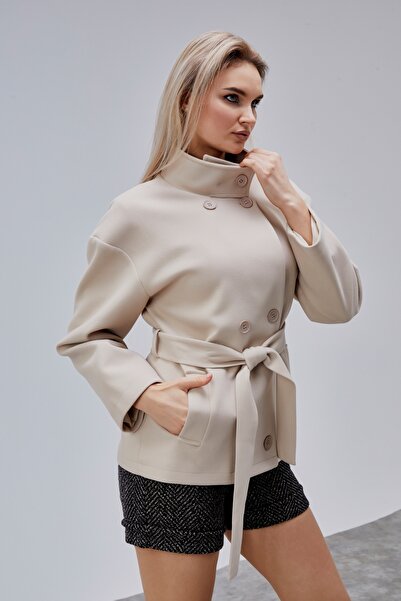 Bolivente Carvella Beige Mock Neck Belted Cashmere Jacket
