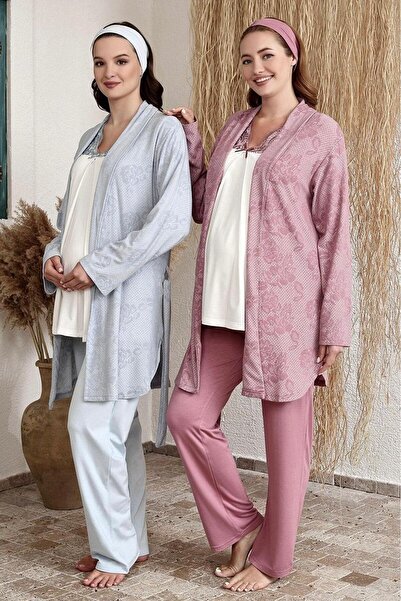 Sinem Çeyiz طقم بيجامة نسائية للحوامل مكون من 3 قطع بنقشة زهور رقيقة BH 4205
