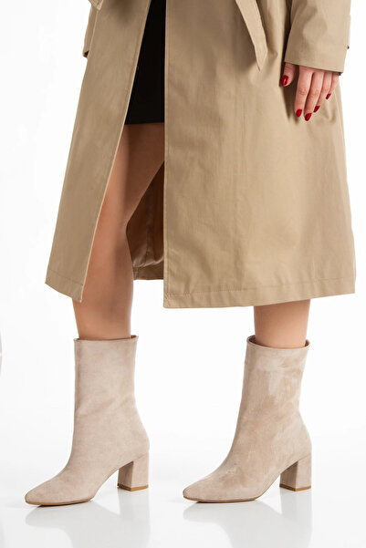 MFT AYAKKABI Women's Beige Suede Thick Heeled Zipperless Boots