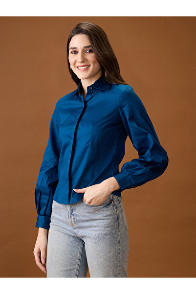 Globus By Styli Navy Blue Balloon Sleeve Buttoned Shirt