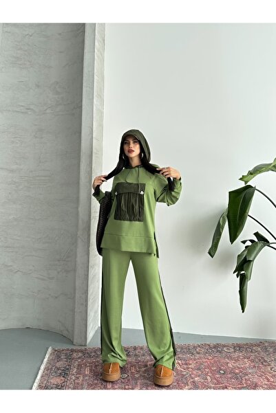 Moda İkra Hooded Top and Bottom Set with Decorative Pocket Detail for Women