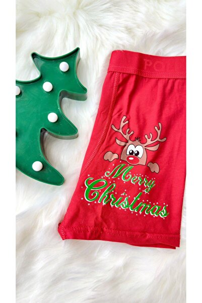 Sinem Çeyiz Poli 905 Red New Year Santa Claus Pine Tree Deer Patterned Boxer