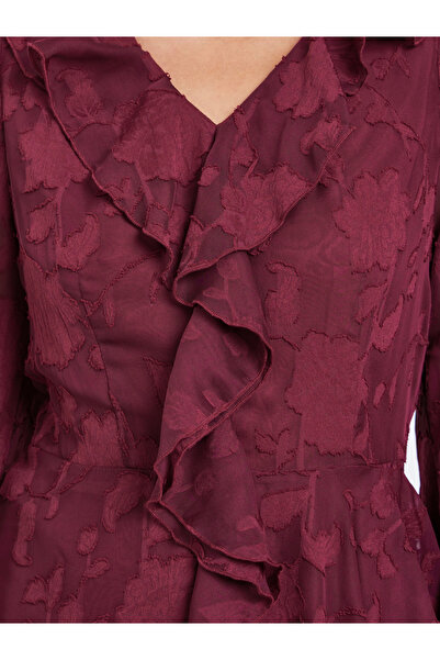 Styli Maroon Ruffle Detail Long Sleeves Blouse